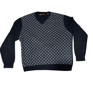 Perry Ellis Size XL Men's Long Sleeve Crew Neck Black Gray Check Cotton Sweater